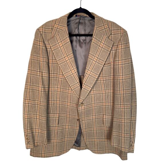 Vintage 70s Austin Reed 44R Wool WIDE LAPEL Plaid Blazer Jacket Gray Brown EUC! - Picture 3 of 11